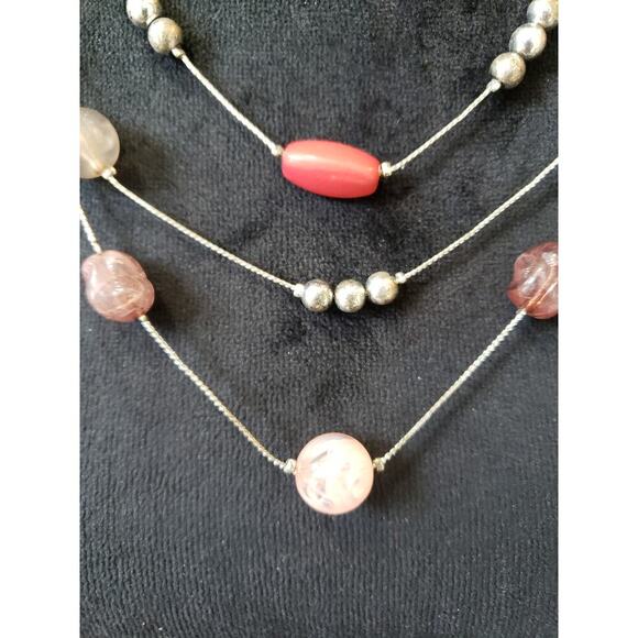 Women Layered Bead Necklace Rose Quartz Coral Stone Silver Tone Chain Clasp - Picture 5 of 6